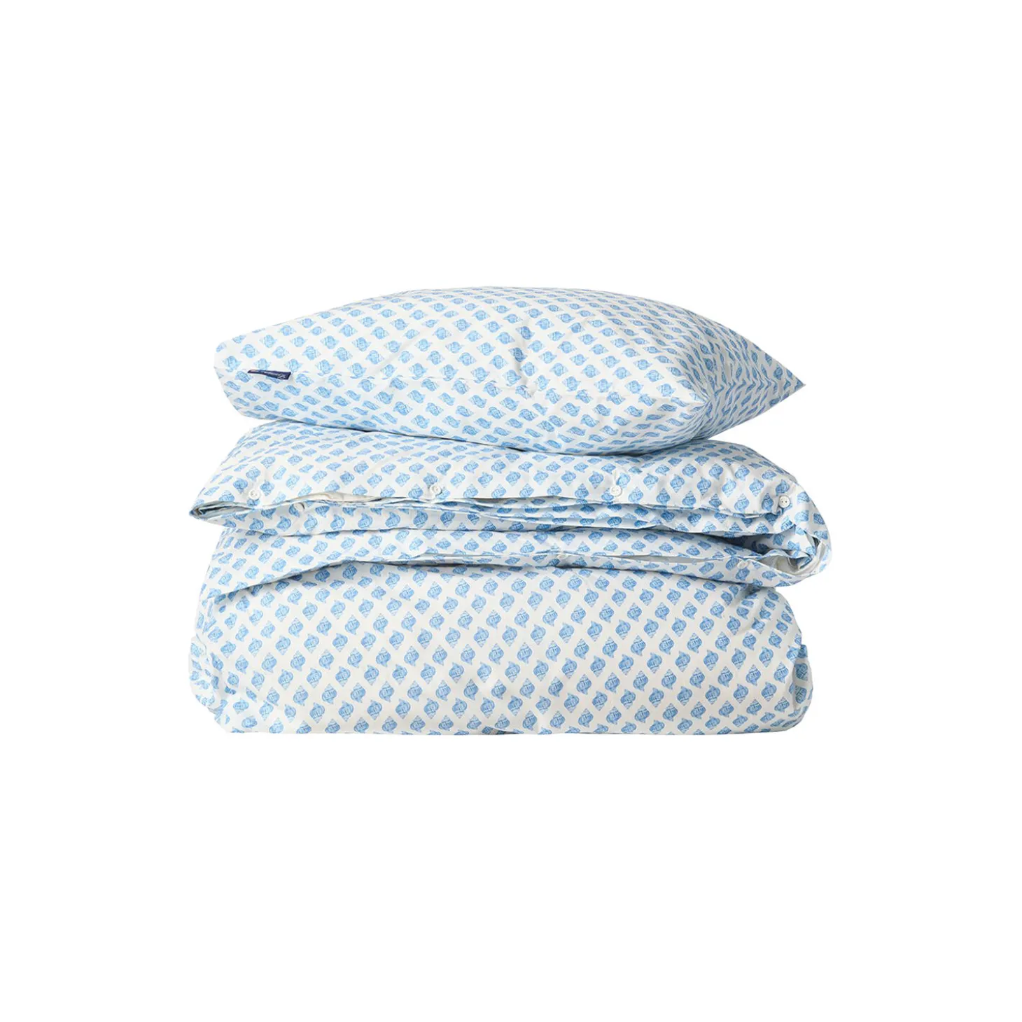 Sengesæt i bomuldspoplin med hvidt og blåt print af skaller, white/blue